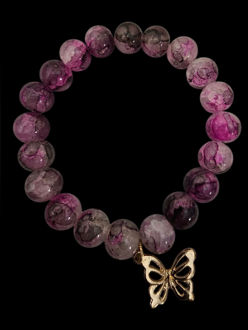 Gold Butterfly Charm Purple Bead Stretch Bracelet - NWOT